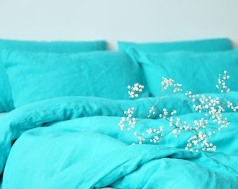 Turquoise linen bedding set 1 Duvet cover and 2 Pillowcases Softened linen bedding Comforter cover set Quilt cover set