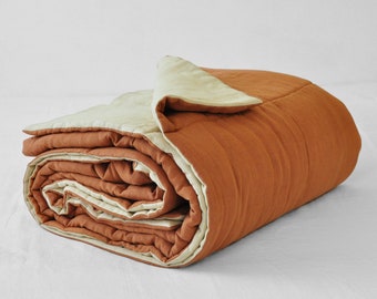 70 colors double sided linen quilt Softened medium weight linen Wool cotton sintepon linen insert duvet Cinnamon beige blanket