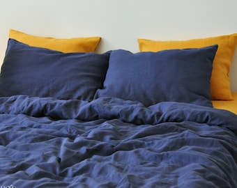 Indigo linen duvet cover 1 duvet cover Softened linen Dark Blue comforter cover Quilt cover Coconut buttons  Ribbon ties