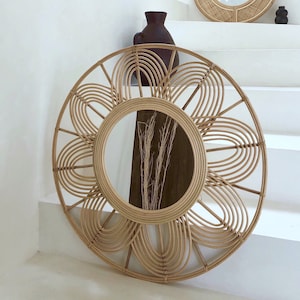 Large rattan wicker mirror Sunflower framed decorative mirror Bohemian home decor Boho decor Round mirror Bamboo entryway mirror