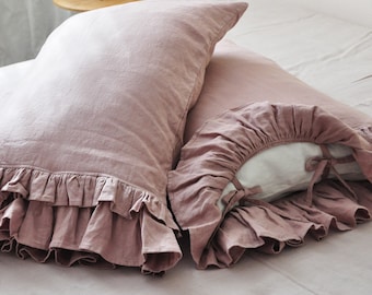 READY TO SHIP Woodrose linen pillowcase with double ruffles on one side Square size Ribbon ties closure