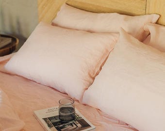 Organic blush pink linen pillowcase for comfortable sleeping, Pink pillow cover set of 2, Housewarming linen decorative cushion cover
