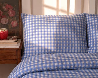 Classic Blue Gingham Pillowcase, French Country Linen Pillow Cover, Elegant Checkered Bedding Refresh, Soft Natural Linen Custom Sizes