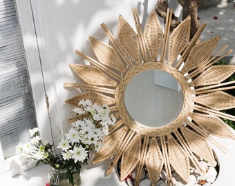 Large rattan wicker mirror Sunflower framed decorative mirror Bohemian home decor Boho decor Round mirror Bamboo entryway mirror