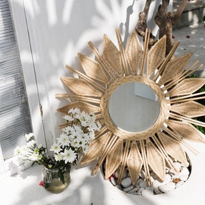 Large rattan wicker mirror Sunflower framed decorative mirror Bohemian home decor Boho decor Round mirror Bamboo entryway mirror
