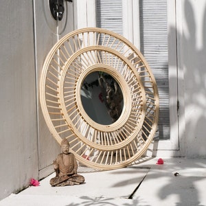 Large rattan wicker mirror Cane webbing mirror Bohemian home decor Boho decor Round framed decorative mirror Bamboo entryway mirror