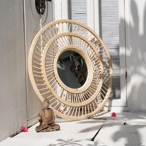 Large rattan wicker mirror Cane webbing mirror Bohemian home decor Boho decor Round framed decorative mirror Bamboo entryway mirror image 1