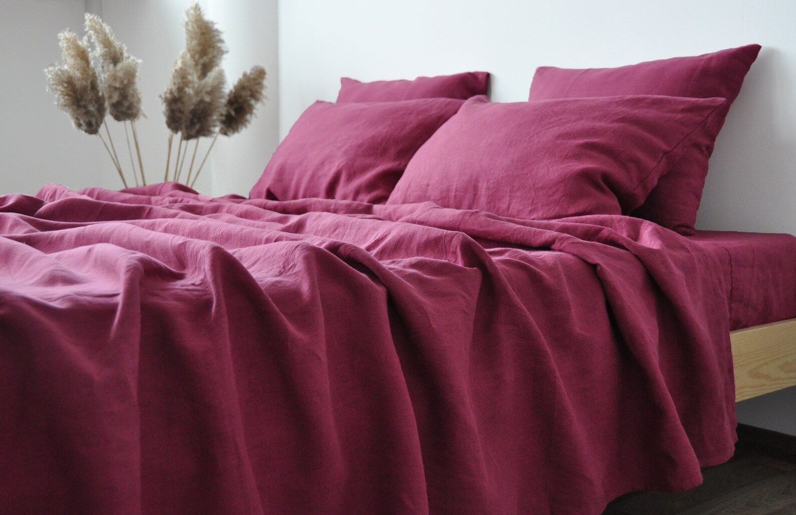 Raspberry Linen Sheet Set 1 Flat Sheet and 1 Fitted Sheet and 2 ...