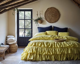 シャルトリューズイエローのリネンフリル付き寝具セット フリル付き