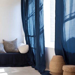 Ocean blue regular and blackout linen curtains 2 panels Unlined Cotton Blackout lining Medium weight linen Custom size