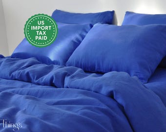 Royal blue linen duvet cover 1 duvet cover Softened linen Comforter cover Coconut buttons Ribbon ties  Hidden closure Stonewashed