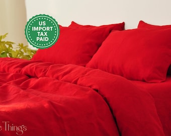 Scarlet red linen bedding set 1 Duvet cover and 2 Pillowcases Softened linen bedding Comforter cover set Coconut buttons Ribbon ties