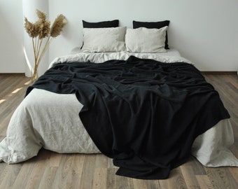 Black waffle linen coverlet Heavy weight linen Waffle throw blanket Linen bed cover Twin Full Double Queen King