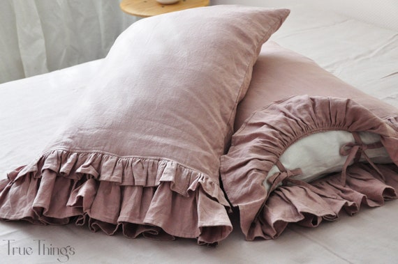 70 Colors Linen Pillowcase With Double Ruffles on One Side King