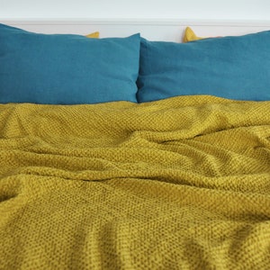 Mustard waffle linen coverlet Softened linen Heavy weight Queen King Twin size cover Yellow bed throw Waffle blanket