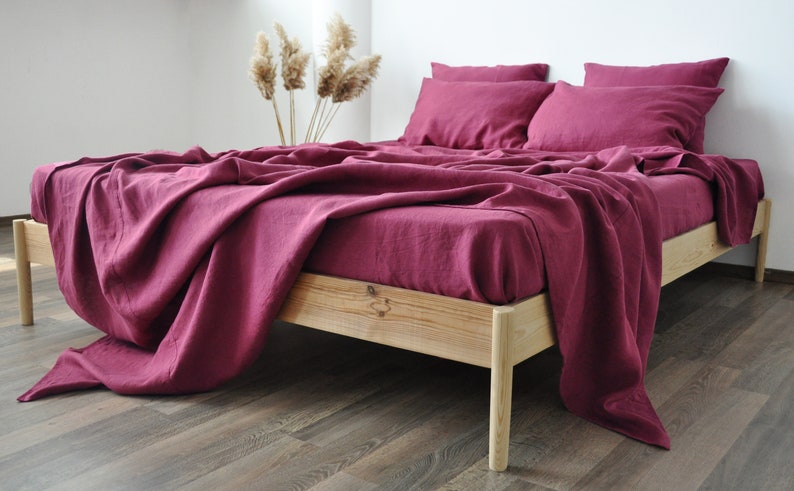 Raspberry linen flat sheet 1 Flat sheet Softened linen sheet Stonewashed linen Red linen bedsheet image 2