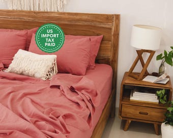 Rost rosa Leinen Bettwäsche Set Bettlaken und Spannbettlaken