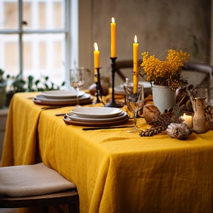 Turmeric rectangle linen tablecloth Christmas theme round square tablecloth Yellow rustic linen table cloth Stonewashed linen Custom sizes