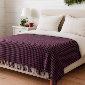 Purple and Black Houndstooth Plaid Merino Wool Blanket Pure Wool Throw, Ultra Soft Warm Bed Blanket for Home