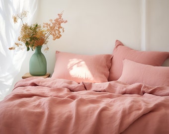 Sunset pink linen duvet cover 1 duvet cover Softened linen Pink comforter cover Rose quilt cover Coconut buttons   Ribbon ties