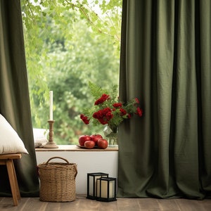 Dark olive regular and blackout linen curtains 2 panels Unlined Cotton Blackout lining Medium weight linen Custom size image 1