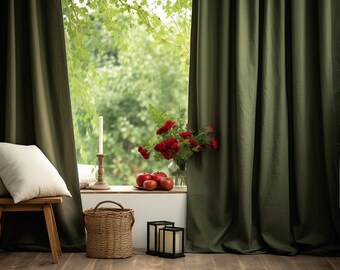 Dark olive regular and blackout linen curtains 2 panels Unlined Cotton Blackout lining Medium weight linen Custom size