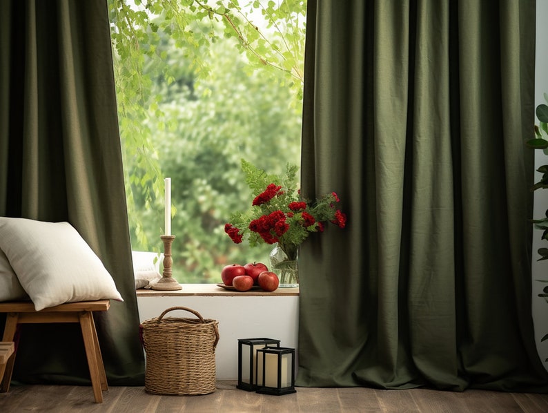 Dark olive regular and blackout linen curtains 2 panels Unlined Cotton Blackout lining Medium weight linen Custom size image 1