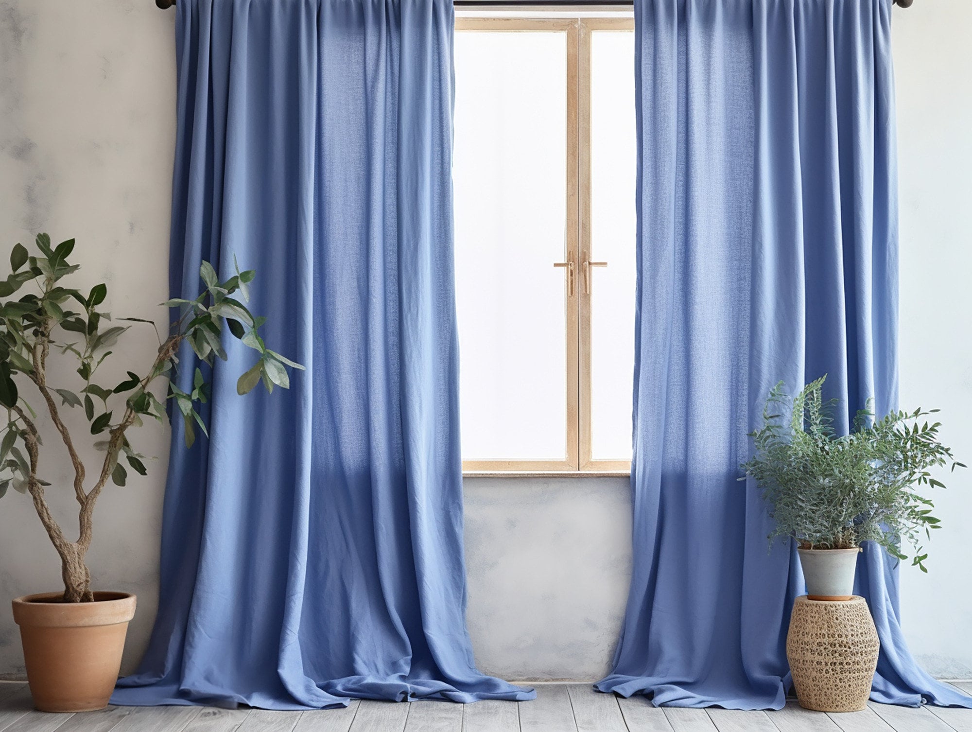 Cornflower Blue Regular and Blackout Linen Curtains 2 Panels