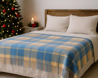 Blau und Beige Halb Wolle Tartan Plaid Decke Weicher, Gemütlicher Überwurf, Warme Wollmischung Bett Plaid für Zuhause oder Sofa