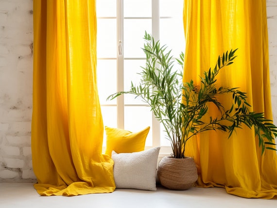 Bright Yellow Regular and Blackout Linen Curtains 2 Panels Unlined Cotton Blackout Lining Medium Weight Linen Custom Size Etsy