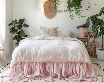 Blush Pink Linen Ruffle Bed Skirt, Handmade Cottagecore Bedding, Farmhouse Bed Cover