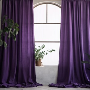 Deep purple regular and blackout linen curtains 2 panels Unlined Cotton Blackout lining Medium weight linen Custom size