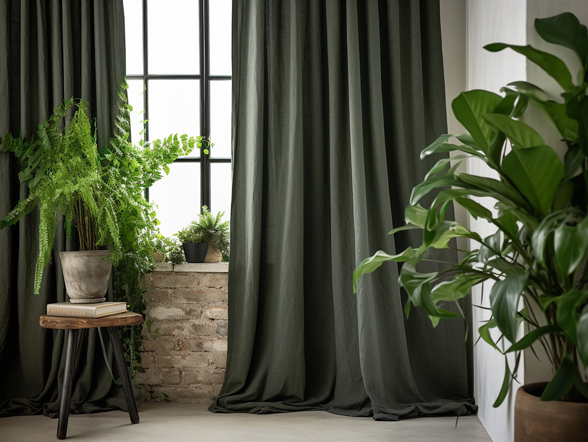 Charcoal green regular and blackout linen curtains 2 panels Unlined Cotton Blackout lining Medium weight linen Custom size