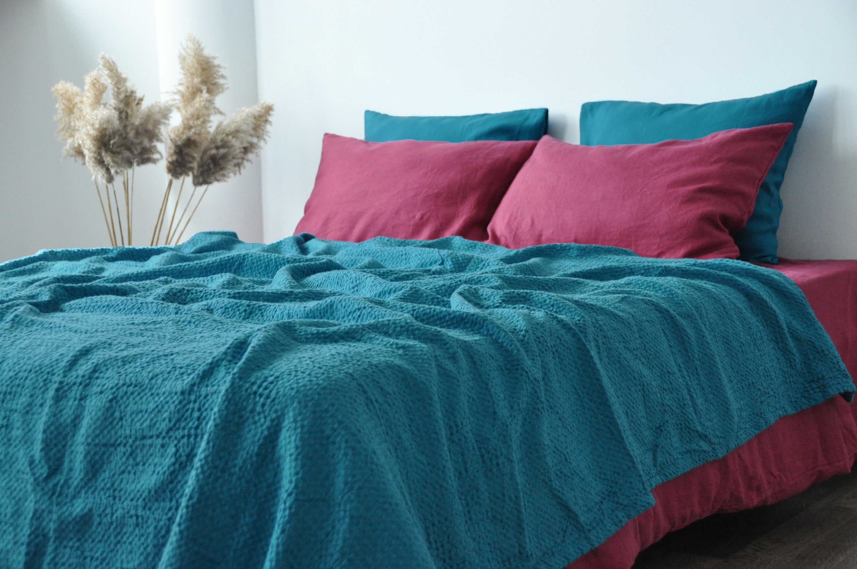 Sea wave waffle linen coverlet / Softened linen / Heavy weight - Picture 5 of 57