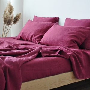 Raspberry linen flat sheet 1 Flat sheet Softened linen sheet Stonewashed linen Red linen bedsheet image 4