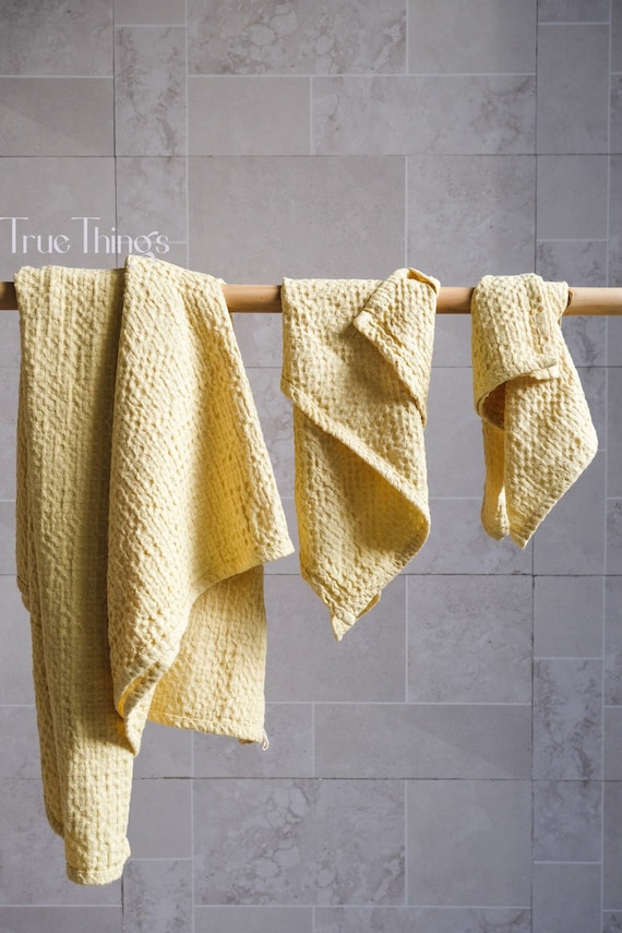 Chartreuse Yellow Waffle Linen Bath Towels Yellow Linen Bath Towel Set Hand  Face Body Towel Softened Stonewashed Linen Organic Flax 