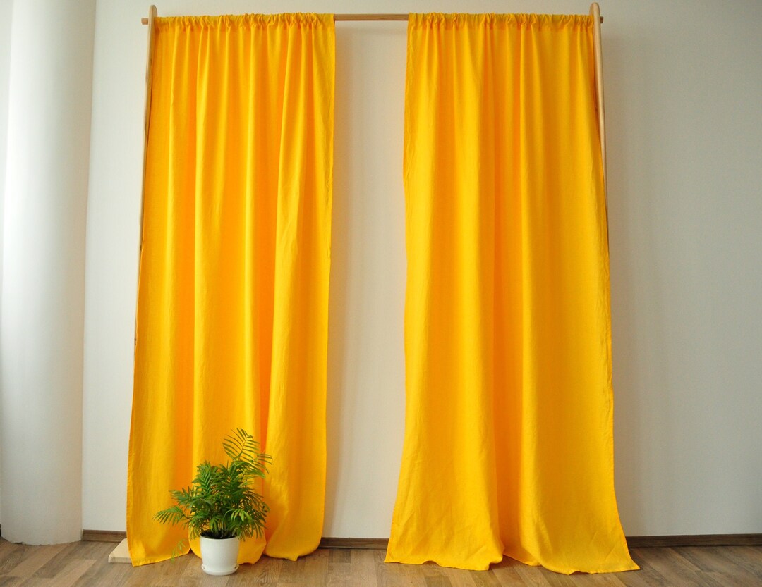 Bright Yellow Regular and Blackout Linen Curtains 2 Panels Unlined
