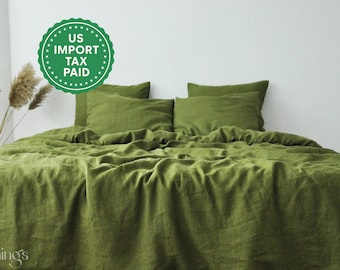 Juego de ropa de cama de lino color oliva. Incluye 1 funda nórdica y 2 fundas de almohada en color oliva. Juego de funda de edredón. Ropa de cama de lino suave.