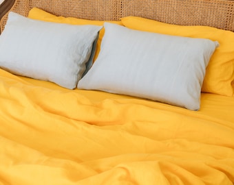 Bright yellow linen duvet cover 1 duvet cover Softened linen yellow comforter cover Quilt cover Zipper   Buttons  Hidden closure