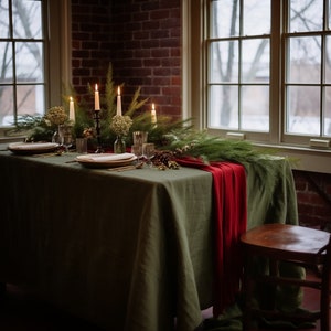 Dark olive round linen tablecloth Christmas theme rectangle square tablecloth Olive rustic linen table cloth Stonewashed linen Custom sizes image 8