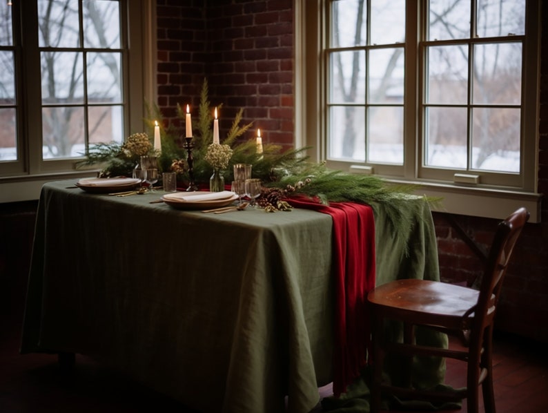 Dark olive round linen tablecloth Christmas theme rectangle square tablecloth Olive rustic linen table cloth Stonewashed linen Custom sizes image 8