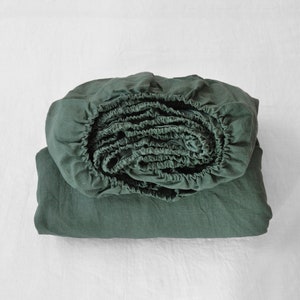 READY TO SHIP Pine green linen fitted sheet in King size Softened linen sheet Stonewashed linen Linen bedsheet Deep pocket