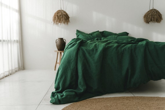 Forest Green Linen Bedding Set 1 Duvet Cover and 2 Pillowcases in Green  Color Emerald Green Softened Duvet Cover Set Comforter Cover Set -   Canada