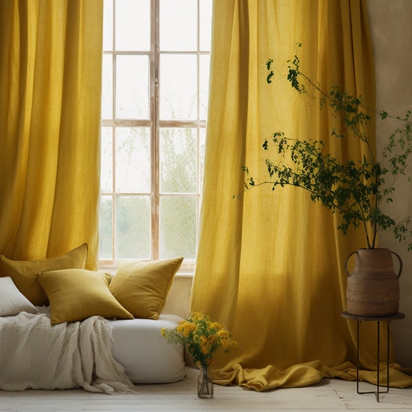 Mustard regular and blackout linen curtains 2 panels Unlined Cotton Blackout lining Medium weight linen Custom size