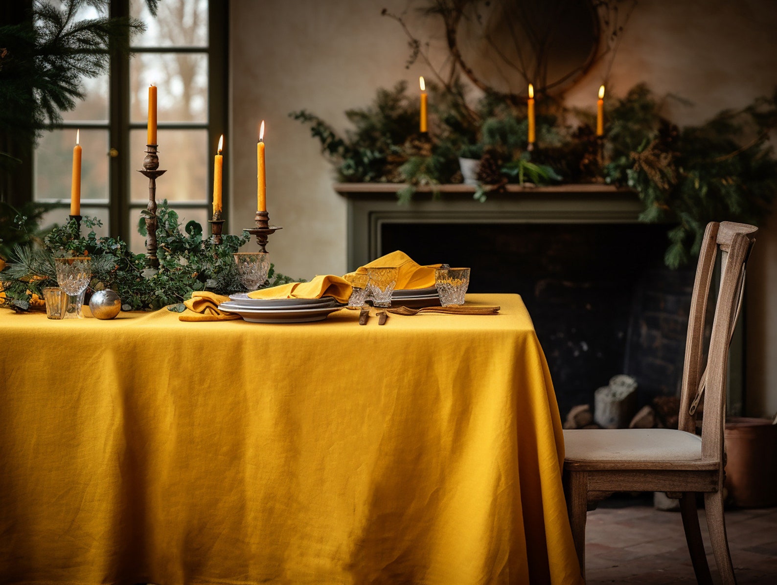 Turmeric Round Linen Tablecloth Christmas Theme Rectangle Square ...