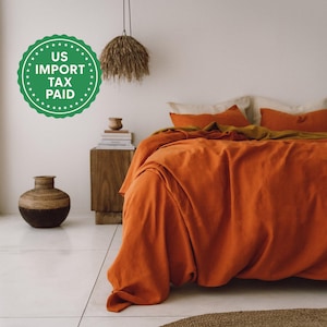 バーントオレンジのリネン掛け布団カバー 1枚 掛け布団カバー 1枚 柔らかなリネン バーントオレンジの掛け布団カバー キルトカバー ココナッツボタン リボンタイ