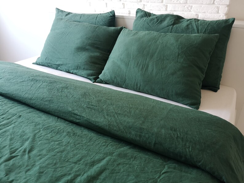 Forest green linen bedding set / 1 Duvet cover 2 Pillowcases Etsy