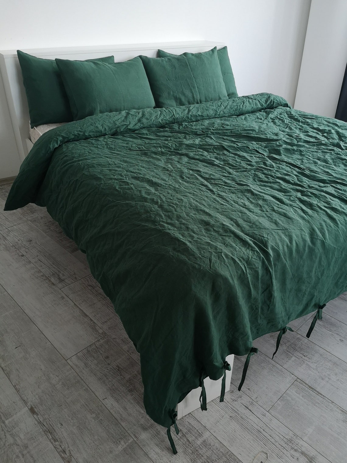 Forest Green Linen Duvet Cover With Ribbon Ties Closure / 1 Etsy