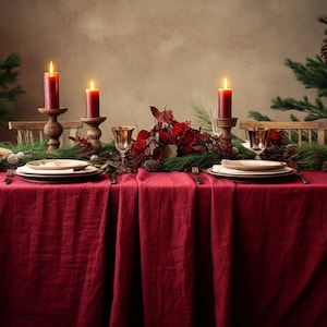 Maroon rectangle linen tablecloth Christmas theme round square tablecloth Red rustic linen table cloth Stonewashed linen Custom sizes