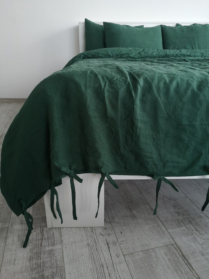 Forest Green Linen Duvet Cover With Ribbon Ties Closure / 1 Etsy Canada